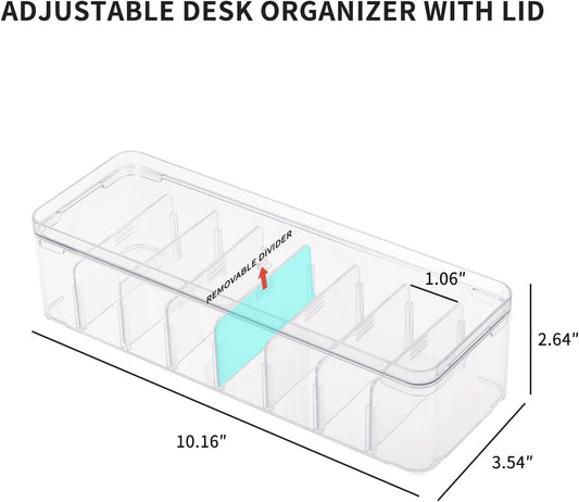 Yesesion 2pcs Clear Plastic Cable Organizer Boxes with Adjustment Compartments, Desk Accessories Storage Case with Lid and 20 Wire Ties for Drawer, Office Supply, Electronic Management