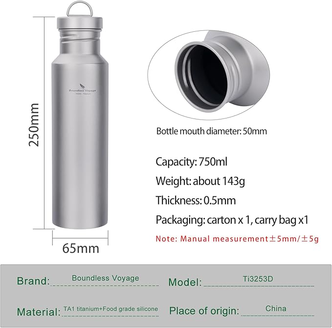 Outdoor 750ml Titanium Sports Bottle with Lid Flask Wide Mouth Water Bottle Canteen Drinking Bottle for Camping Cycling Hiking Ti3253d