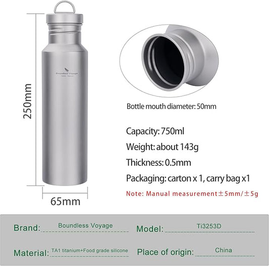 Outdoor 750ml Titanium Sports Bottle with Lid Flask Wide Mouth Water Bottle Canteen Drinking Bottle for Camping Cycling Hiking Ti3253d