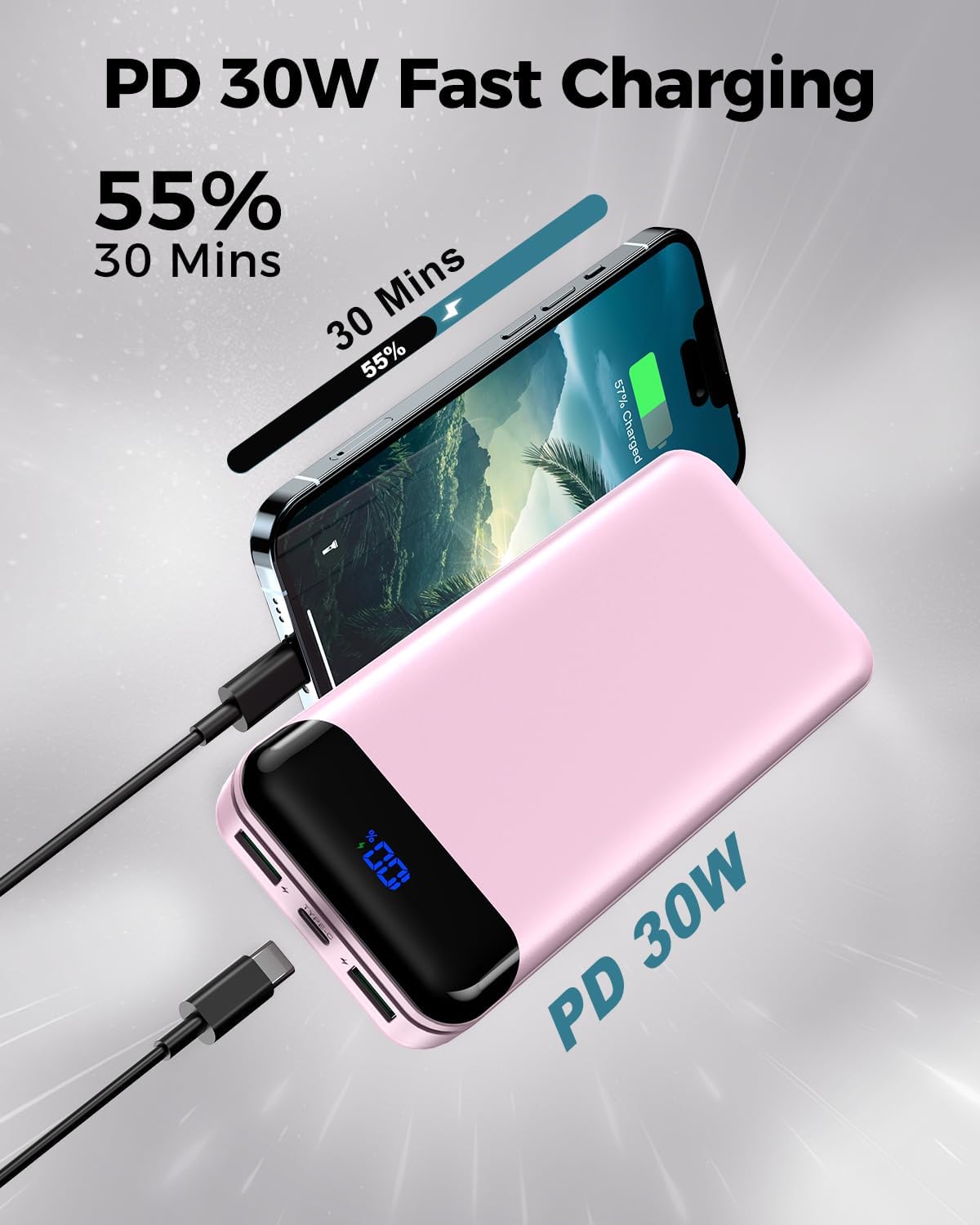 Portable Charger Power Bank 40000mAh Powerbank PD 30W and QC 4.0 Fast Charging External Battery Pack with USB-C LED 3 Outputs & 2 Inputs Portable Charging for iPhone 15 14 13 (Pink) - Roamly