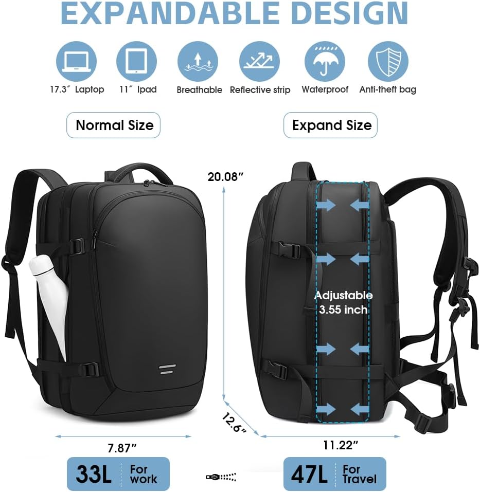 TANGCOLR Vacuum Travel Backpack with Pump for Men Women, 47L Expandable Vacpack Laptop Backpack Flight Approved with Vacuum Compression System