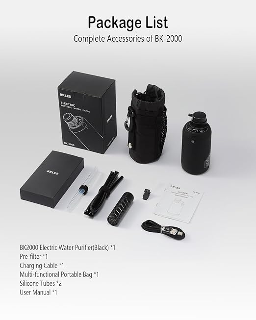 BKLES Water Filter Camping – Electric Portable Water Purifier Survival, 0.01 Micron, 6-Stage Water Filtration System Survival with Emergency Lighting for Hiking, Backpacking, Travel – BK-2000