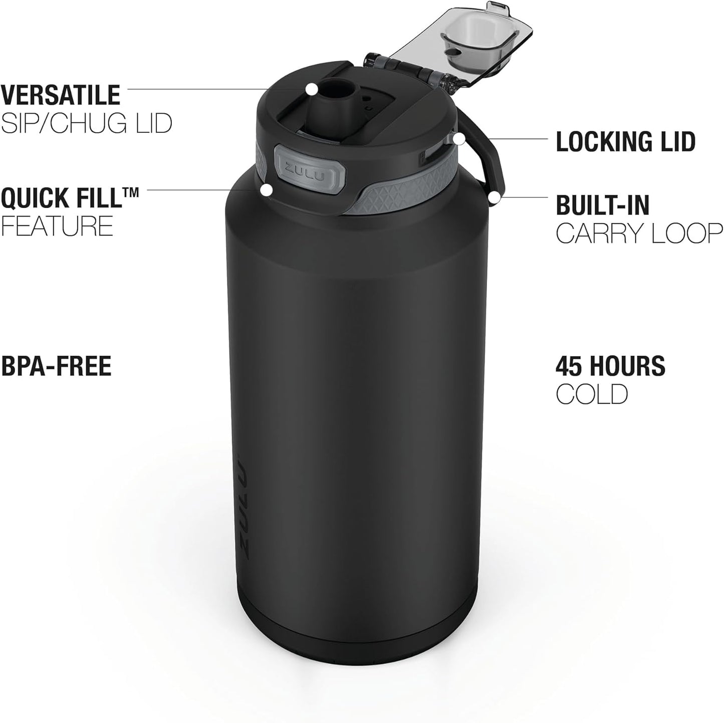 ZULU Powerfill Pro 64oz Half Gallon Stainless Steel Water Bottle with Quick Fill Lid, Triple Walled Vacuum Insulated Metal, Leak Proof Locking Lid, Sip and Chug, Reusable BPA Free, Black Monochrome - Roamly