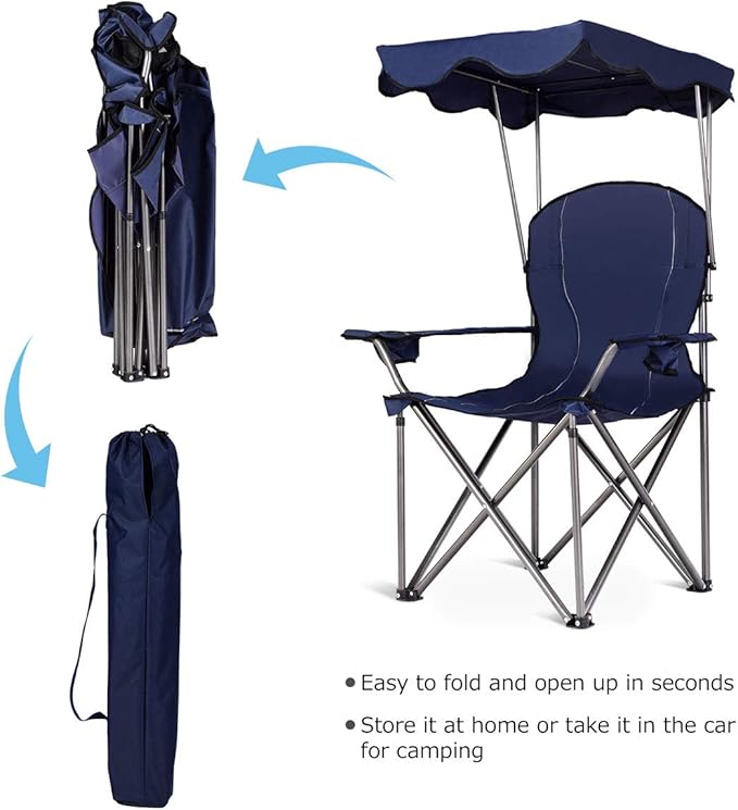 Goplus Camping Chair with Canopy Shade, Folding Lawn Chair with Umbrella Cup Holder & Carry Bag, Portable Sunshade Chair for Adults for Beach Outdoor Travel Hiking Fishing (Blue)