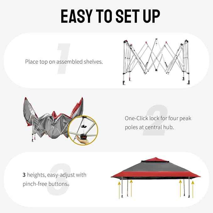 CROWN SHADES 13x13 Pop Up Gazebo, Canopy Tent, Gazebos on Clearance - Outdoor Gazebo for Backyard & Patio Furniture - Carpa Pop Up Tent with Wheeled STO-N-Go Cover Bag (Red & Grey)
