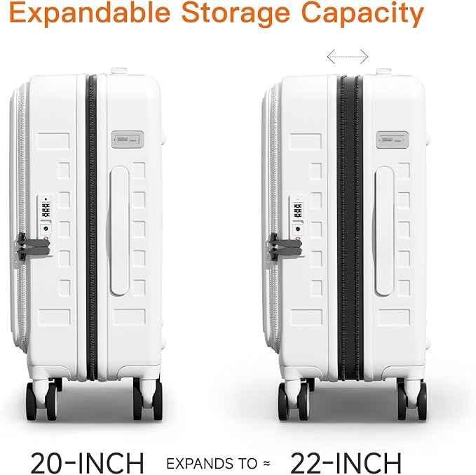 Expandable Lightweight PC Hard Shell Suitcase, 20-inch Luggage with TSA Lock, Top Opening & Cup Holder - Ideal for Business Travel Suitcase (White, Carry-on 20-Inch)