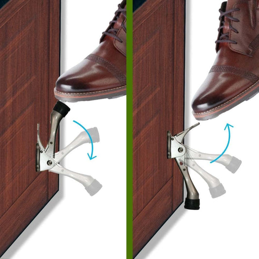 One Touch Kickdown Door Stopper, Door Holder, Heavy Duty Door Stops, Bottom of Door, Height-Adjustable Rubber Tips by HASHI (Satin Nickel 4 inch x 4pack)