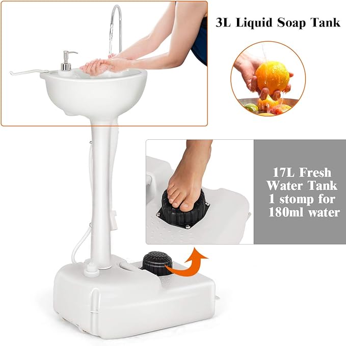Giantex Portable Camping Sink with Soap Dispenser and Towel Holder, 19L Water Capacity with Rolling Wheels and Foot Pump for Outdoor Events, Gatherings, Camping, Portable Hand Wash Basin Stand