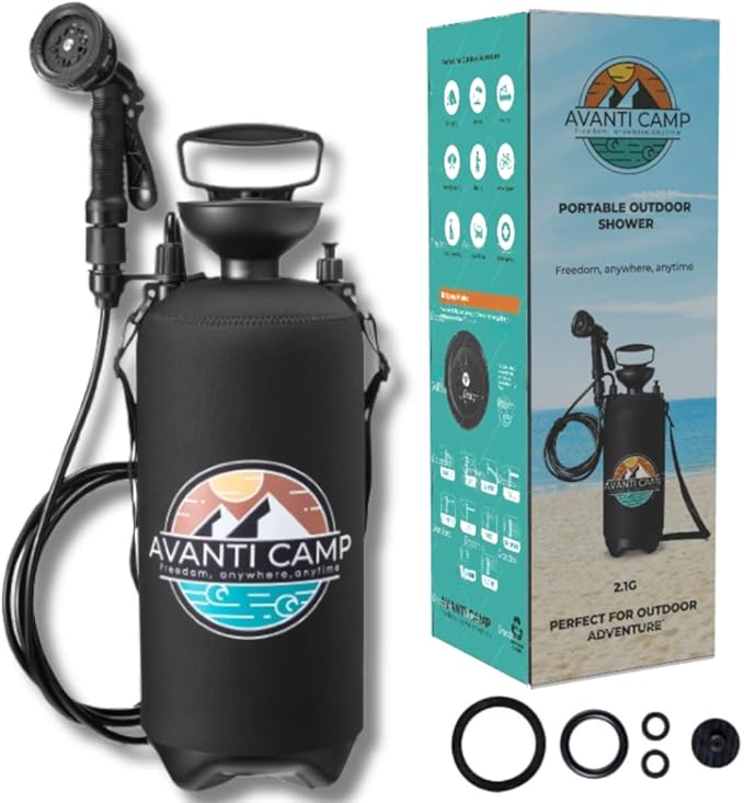 Pressurized Camping Shower (8L/2.1 Gal) – Portable Beach Shower for Surfing, Camping & Van Life – Outdoor Rinse Kit with Hand Pump & 10 Spray Modes – Portable Water Sprayer Pets & Gear | AVANTI CAMP