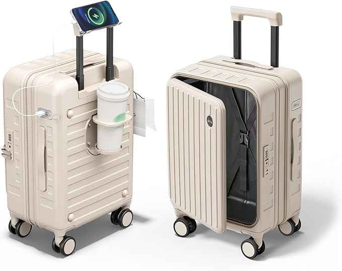 Expandable Lightweight PC Hard Shell Suitcase, 24-inch Luggage with TSA Lock, Top Opening & Cup Holder - Ideal for Business Travel Suitcase (Beige, Checked-Medium 24-Inch)