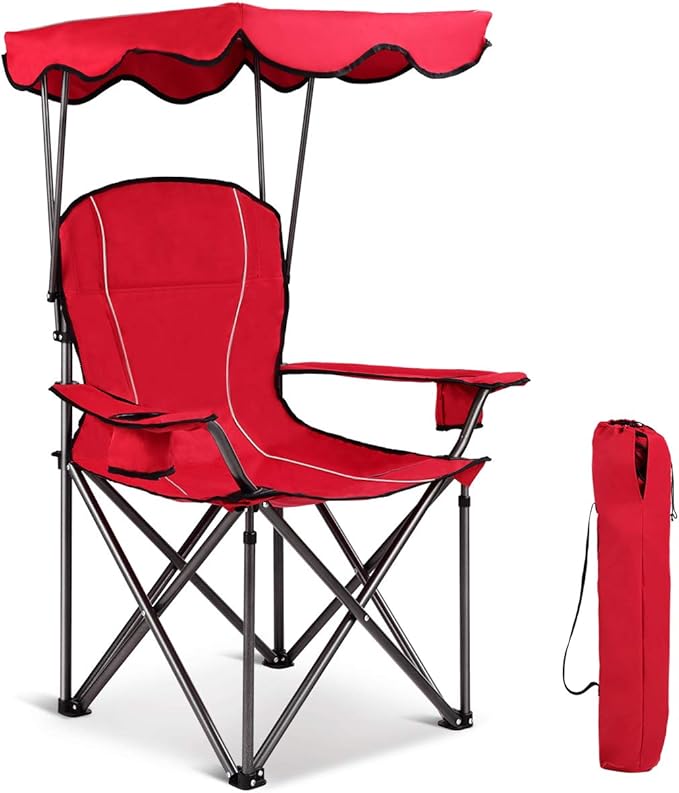 GYMAX Camping Chair, Folding Outdoor Lawn Chair with Canopy, Carry Bag & Cup Holder, Portable Heavy Duty Camp Chair for Outside Travel, Picnic, Beach Soccer Chairs (Red)