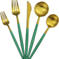 Green Handle Matte Gold Silverware, Gugrida 5-Piece 18/10 Stainless Steel Flatware Set, Kitchen Utensils, Tableware Travel Cutlery for Camping Office Lunch, Satin Finish, Dishwasher Safe