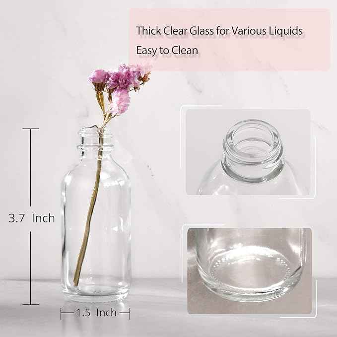 18 Pack, 2 oz Small Clear Glass Bottles w/ Lid & 4 Stainless Steel Funnels - 60ml Boston Sample Bottles - Mini Travel Essential or Decorative Bottles for Potion, Juice, Wellness, Ginger Shots, Whiskey