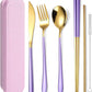 AARAINBOW 6 Pieces 18/8 Stainless Steel Flatware Set Portable Reusable Cutlery Set Travel Utensils Set Including Chopsticks Knife Fork Spoon Straws Cleaning Brush Dishwasher Safe (Purple golden)