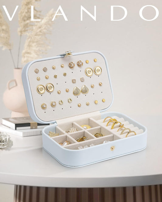 Vlando Travel Jewelry Case, PU Leather Travel Jewelry Box with Earring Holder, Portable Display Mini Jewelry Case for Mothers Day Women Girls Gift - Blue