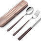 DEVICO Portable Utensils, Travel Reusable Silverware Flatware Set for Lunch, 18/8 Stainless Steel 4-Piece Camping Cutlery Include Fork Spoon Chopsticks with Case (Brown)