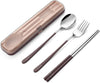 DEVICO Portable Utensils, Travel Reusable Silverware Flatware Set for Lunch, 18/8 Stainless Steel 4-Piece Camping Cutlery Include Fork Spoon Chopsticks with Case (Brown)