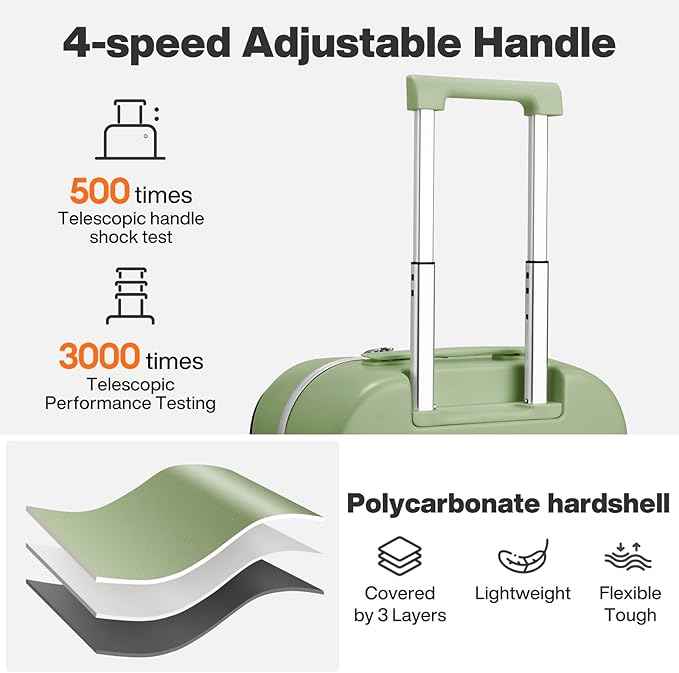 mixi 20 Inch Carry On Luggage 22x14x9 Airline Approved PC Hard Shell Suitcase Top Opening Aluminum Frame Travel Suitcases with Wheels, Avocado Green