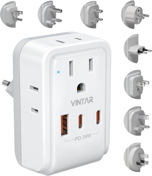 Universal Travel Adapter Kit, VINTAR PD 35W International Power Adapter with 4 AC 3 USB Ports(2 USB C), Type A,B,C,D,E/F,G,I,M Swap Adapt Attachments, Travel Adapter Worldwide for Europe/Africa/AUS
