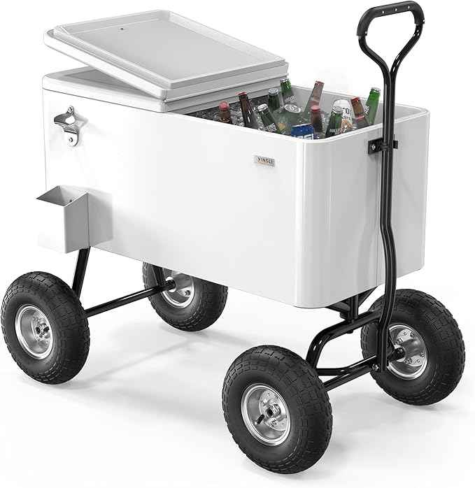 VINGLI 80 Quart Wagon Rolling Cooler Ice Chest, w/Long Handle and 10" Wheels, Portable Beach Patio Party Bar Cold Drink Beverage, Outdoor Park Cart on Wheels