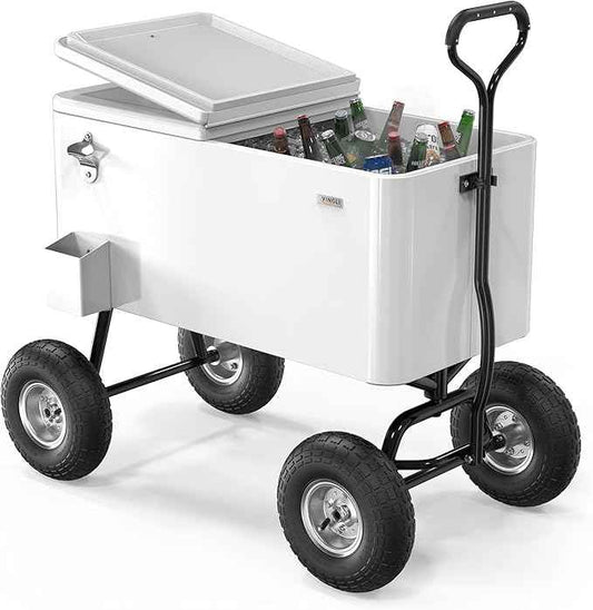 VINGLI 80 Quart Wagon Rolling Cooler Ice Chest, w/Long Handle and 10" Wheels, Portable Beach Patio Party Bar Cold Drink Beverage, Outdoor Park Cart on Wheels