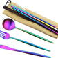Gugrida Reusable Travel Utensils, 7 Piece Portable 304 Stainless Steel including Knife Fork Spoon Chopsticks Cleaning Brush Straws Portable Pouch, Eco-friendly Camping Silverware Set, Dishwasher Safe