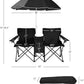 Goplus Double Camping Chair with Umbrella, Folding Loveseat Chairs w/Canopy Shade, Carrying Bag, Table, Cup Holder, Portable Beach Chairs Outdoor Picnic Patio (Black)