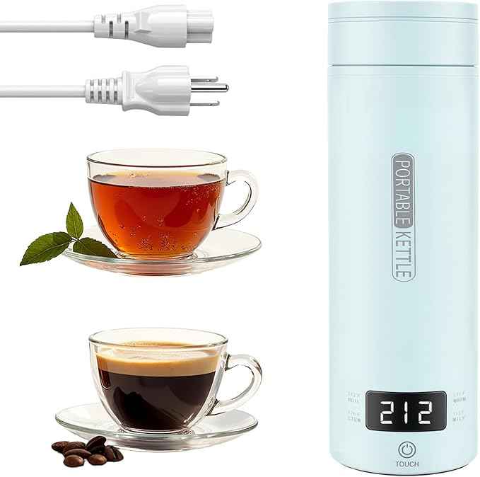 Portable Electric Kettle for Travel, Small Hot Water Kettle with NTC Temperature Control and Auto Shut-Off, 316 Stainless Steel, Blue 120V & 15oz