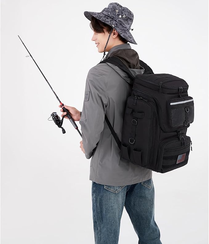HAMBOLY Fishing Backpack with Rod Holders, 40L Tackle Box Backpack for Fishing Gear, Waterproof Fishing Bag for Men