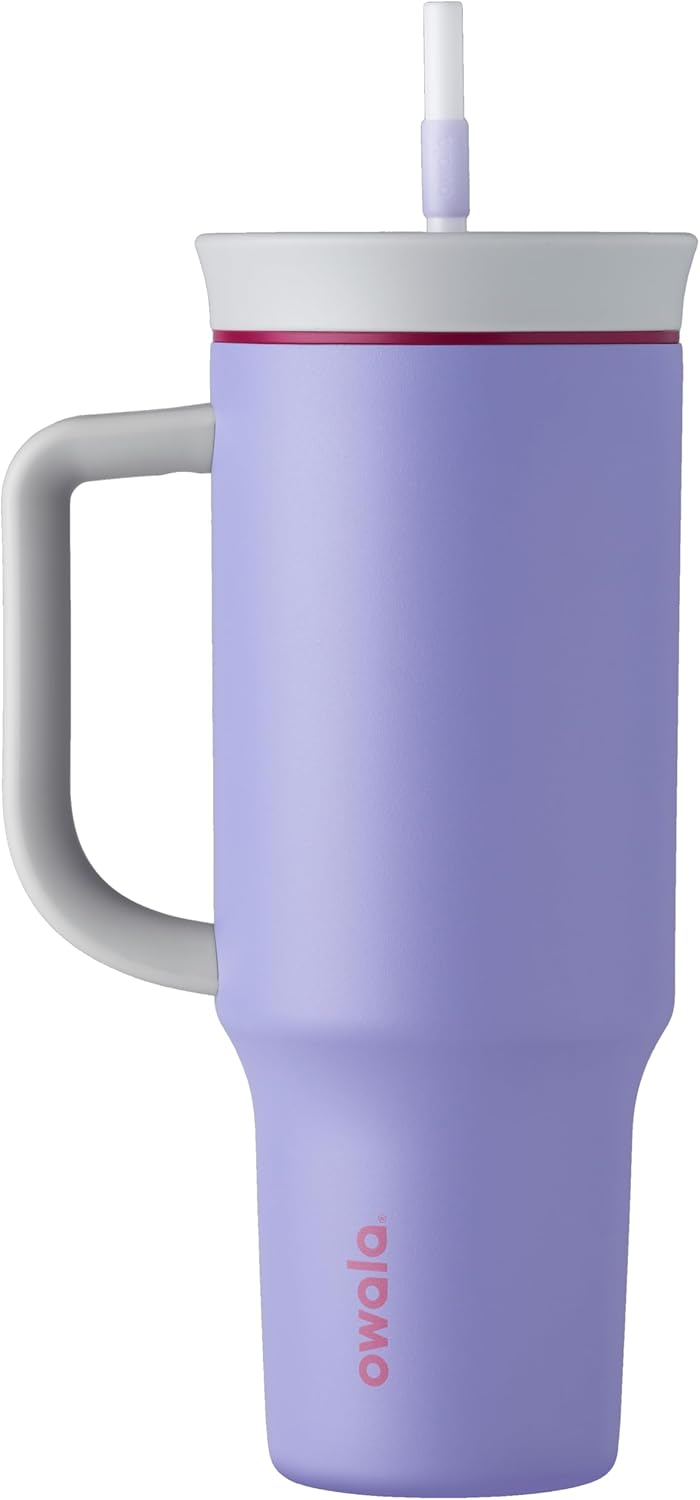 Owala Stainless Steel Triple Layer Insulated Travel Tumbler with Spill Resistant Lid, Straw, and Carry Handle, BPA Free, 40 oz, Light Purple (Whimsical Daydream) - Roamly