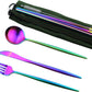 Gugrida Reusable Travel Utensils, 7 Piece Portable 304 Stainless Steel including Knife Fork Spoon Chopsticks Cleaning Brush Straws Portable Pouch, Eco-friendly Camping Silverware Set, Dishwasher Safe