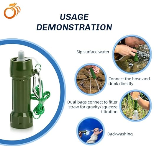 Outdoor Water Filter for Drinking Survival, Portable Water Purifier and Filtration System for Camping, Hiking, Travel, and Emergency Preparedness (Green)
