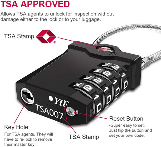ZHEGE TSA Approved Locks for Luggage, Cable Locks with White Number, 4 Digit Combination Locks with Inspection Indicator for Suitcase, Backpack, Baggage, Code Padlocks for Locker (2 Pack, Black)