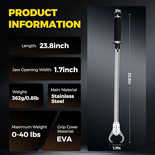 Fish Gripper with Scale, 23.8" Corrosion-Resistant Stainless Steel Fish Lip Gripper, 4.2mm Wide Opening, 40LB Load Capacity & Non-Slip 360° EVA Swivel Handle, Fish Grabber Tool for Saltwater