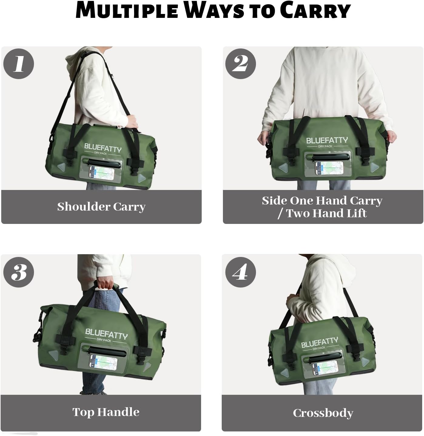 Waterproof Motorcycle Duffel Bag Roll Top Dry Duffel Bag with Quick-fixed Straps for Rafting, Boating, Kayaking, Travel, 50L(Army Green) - Roamly