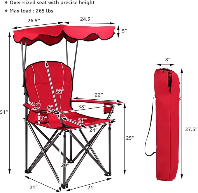GYMAX Camping Chair, Folding Outdoor Lawn Chair with Canopy, Carry Bag & Cup Holder, Portable Heavy Duty Camp Chair for Outside Travel, Picnic, Beach Soccer Chairs (Red)