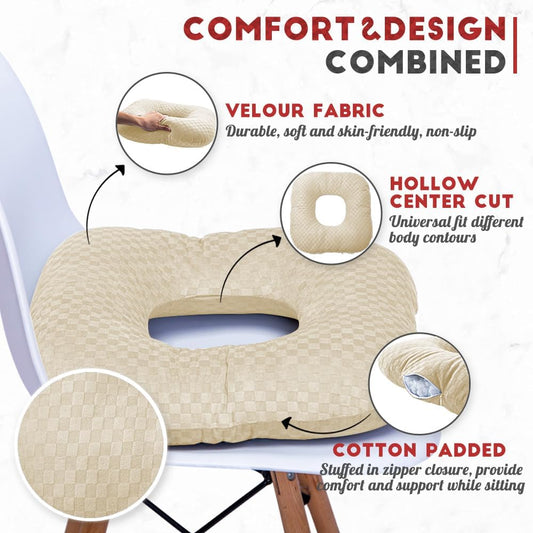 Stuffed Donut Pillow Seat Cushion | for Tailbone and Coccyx Pain, Hemorrhoids, Bed Sores, Pregnancy, Prostate, Surgery Recovery, Sitting Pressure Relief, for Home, Office and Car (Beige)