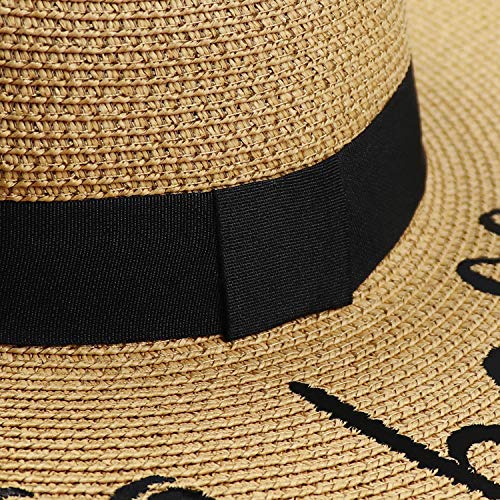 Big Straw Sun Hats for Women Floppy Foldable Roll up Beach Cap Sun Hat UPF 50+ Vacation Honeymoon Embroidered Hat