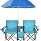 Goplus Double Camping Chair with Umbrella, Folding Loveseat Chairs w/Canopy Shade, Carrying Bag, Table, Cup Holder, Portable Beach Chairs Outdoor Picnic Patio (Turquoise)