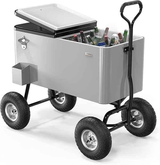 VINGLI 80 Quart Wagon Rolling Cooler Ice Chest, w/Long Handle and 10" Wheels, Portable Beach Patio Party Bar Cold Drink Beverage, Outdoor Park Cart on Wheels
