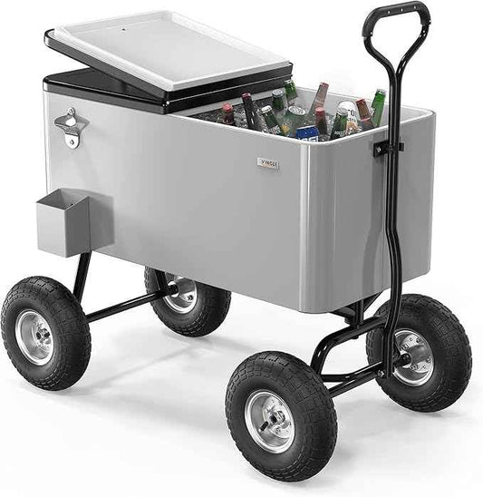VINGLI 80 Quart Wagon Rolling Cooler Ice Chest, w/Long Handle and 10" Wheels, Portable Beach Patio Party Bar Cold Drink Beverage, Outdoor Park Cart on Wheels