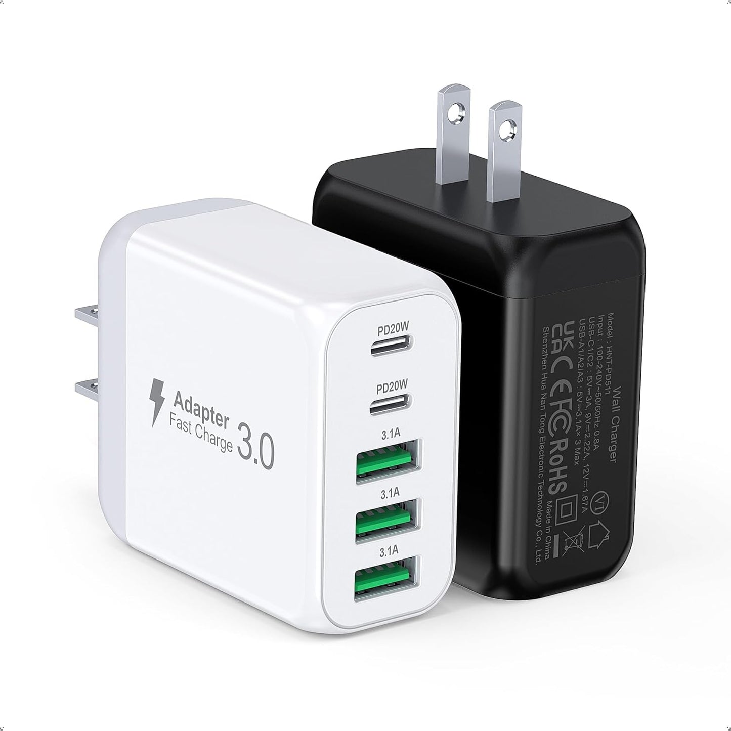 50W USB C Wall Charger Block, 2Pack 5-Port C Charger Fast Charging Block PD Power Adapter+QC 3.0 Multiport Type C Box Brick Cube USB A Wall Plug for iPhone 16/15/14 Pro Max Plus, iPad,Galaxy S24/S23 - Roamly