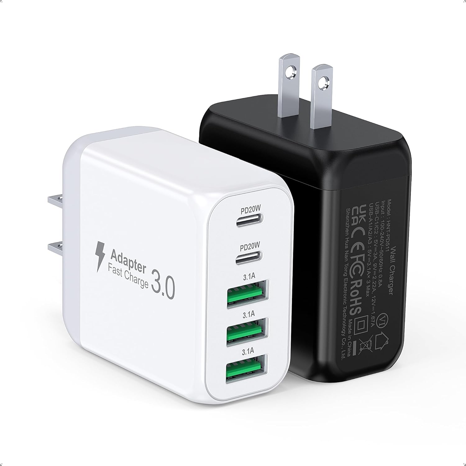 50W USB C Wall Charger Block, 2Pack 5-Port C Charger Fast Charging Block PD Power Adapter+QC 3.0 Multiport Type C Box Brick Cube USB A Wall Plug for iPhone 16/15/14 Pro Max Plus, iPad,Galaxy S24/S23 - Roamly