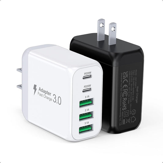 50W USB C Wall Charger Block, 2Pack 5-Port C Charger Fast Charging Block PD Power Adapter+QC 3.0 Multiport Type C Box Brick Cube USB A Wall Plug for iPhone 16/15/14 Pro Max Plus, iPad,Galaxy S24/S23 - Roamly