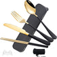 Black Portable Flatware Cutlery Set, TWUTGAYW Stainless Steel Travel Utensils with Case, Reusable Chopsticks Knife Spoons and Forks Set, Gold Camping Utensils Set for Lunch, Office, School, Picnic