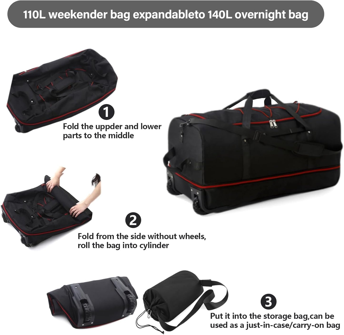 Vomgomfom 32" Soft-Sided Foldable Wheeled Travel Duffel Bag,Expandable 110L to 140L Rolling Cargo Bag with 2 Wheels and Multiple Pockets,Black-red - Roamly