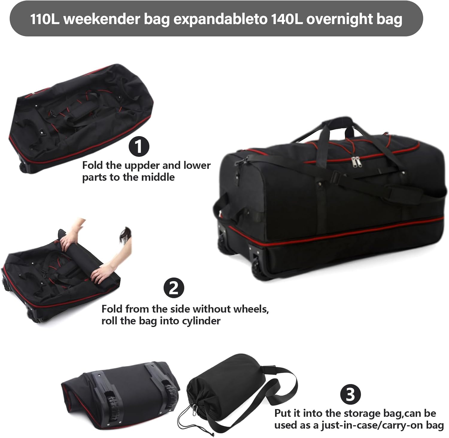 Vomgomfom 32" Soft-Sided Foldable Wheeled Travel Duffel Bag,Expandable 110L to 140L Rolling Cargo Bag with 2 Wheels and Multiple Pockets,Black-red - Roamly