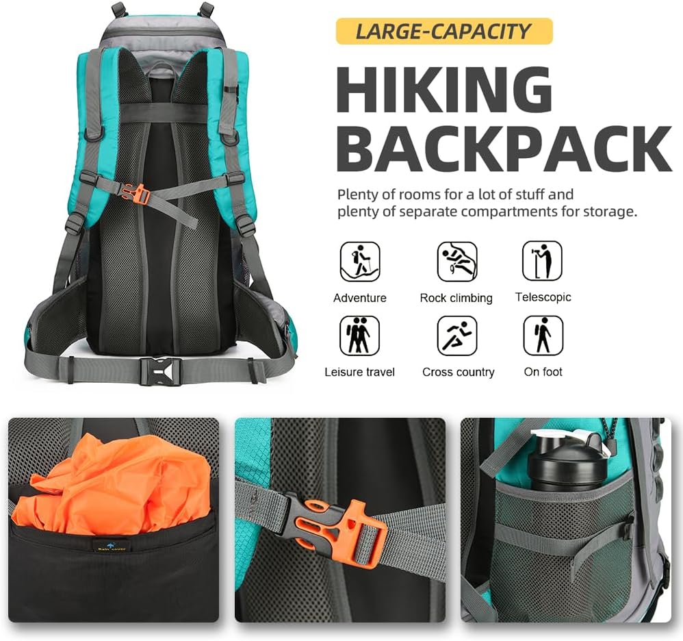 King'sGuard 60L Hiking Backpack Large Waterproof Camping Backpack for Men and Women Lightweight Frameless Backpacking Backpack with Rain Cover (Lake Blue) - Roamly
