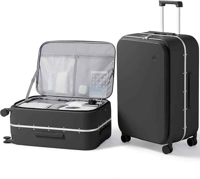 mixi 26 Inch Large Checked Luggage PC Hard Shell Suitcase Top Opening Aluminum Frame Travel Suitcases with Wheels, Black