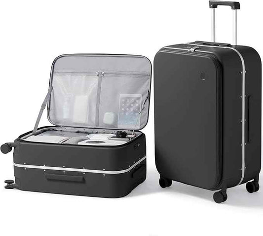 mixi 26 Inch Large Checked Luggage PC Hard Shell Suitcase Top Opening Aluminum Frame Travel Suitcases with Wheels, Black